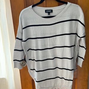 Express Small White and Black Striped Sweater with Rounded Hem